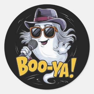 A ghost wearing sunglasses and holding a microphon classic round sticker