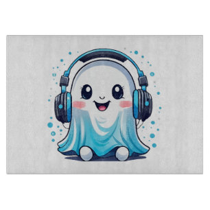 A ghost with headphones on cutting board