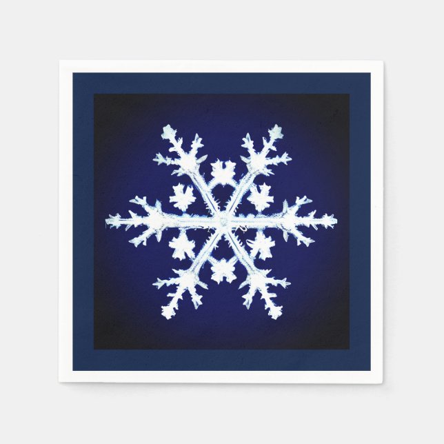 A Giant Ice Crystal Snowflake on Dark Indigo Blue Napkin (Front)