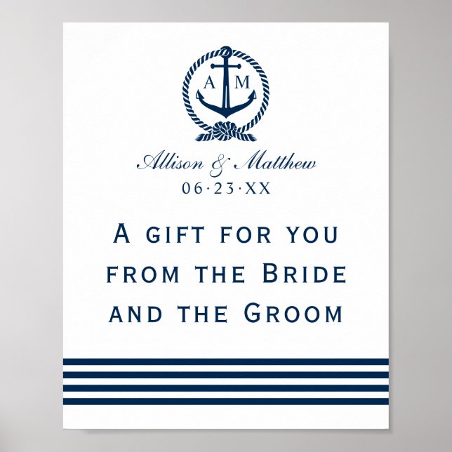 A Gift For You Navy Nautical Wedding Favour Sign (Front)