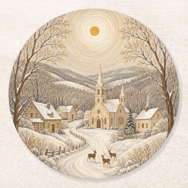 A Gilded Winter Haven Round Paper Coaster (Front)