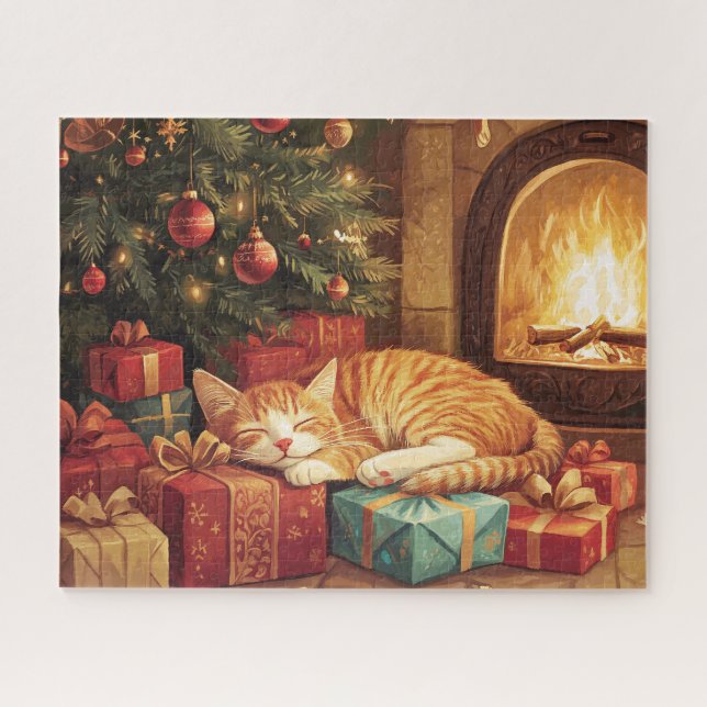 A ginger kitten sleeping by a lit fireplace jigsaw puzzle (Horizontal)