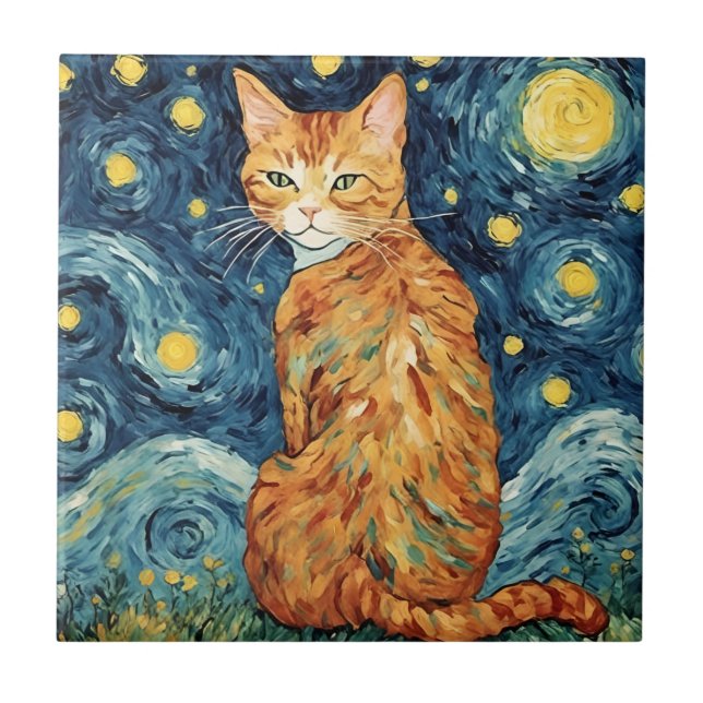 A Ginger Tabby Cat in The Starry Night Tile (Front)
