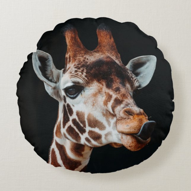 A GIRAFFE AT CALGARY ZOO POKING HIS TONGUE OUT ROUND PILLOW (Front)