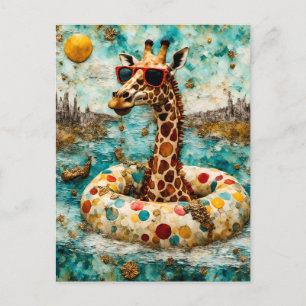 A Giraffe on Vacation in a Floating Doughnut Postcard