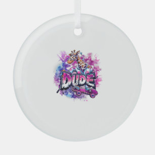 A Giraffe Wearing Pyjamas And Riding A Skateboard  Glass Ornament