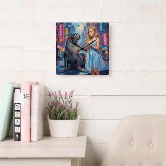 A girl and a seal. square wall clock