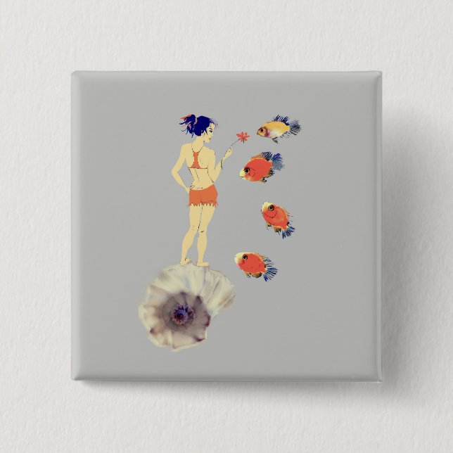 A girl and fish 2 inch square button (Front)