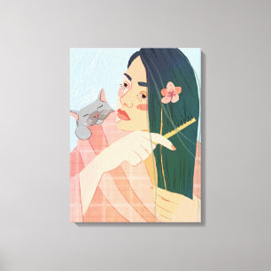 a girl combs her long hair canvas print
