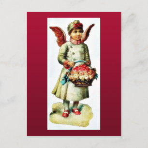 A girl dressed as angel carrying boque holiday postcard