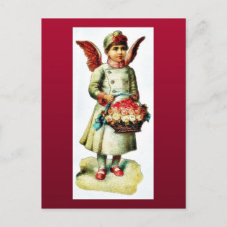 A girl dressed as angel carrying boque holiday postcard
