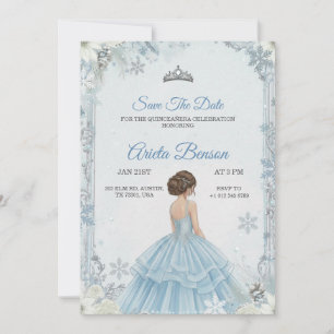 A girl in a blue ball gown in a floral quinceanera invitation