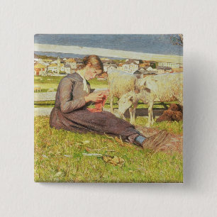 A Girl Knitting, 1888 (oil on canvas) 2 Inch Square Button