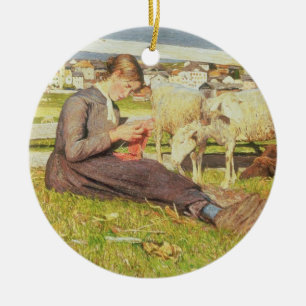 A Girl Knitting, 1888 (oil on canvas) Ceramic Ornament