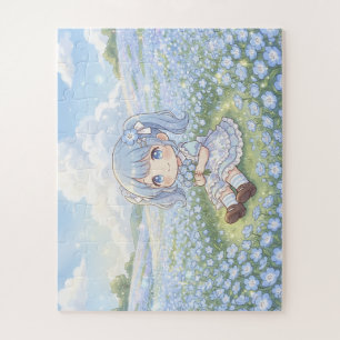 A girl relaxing surrounded by nemophila flowers jigsaw puzzle