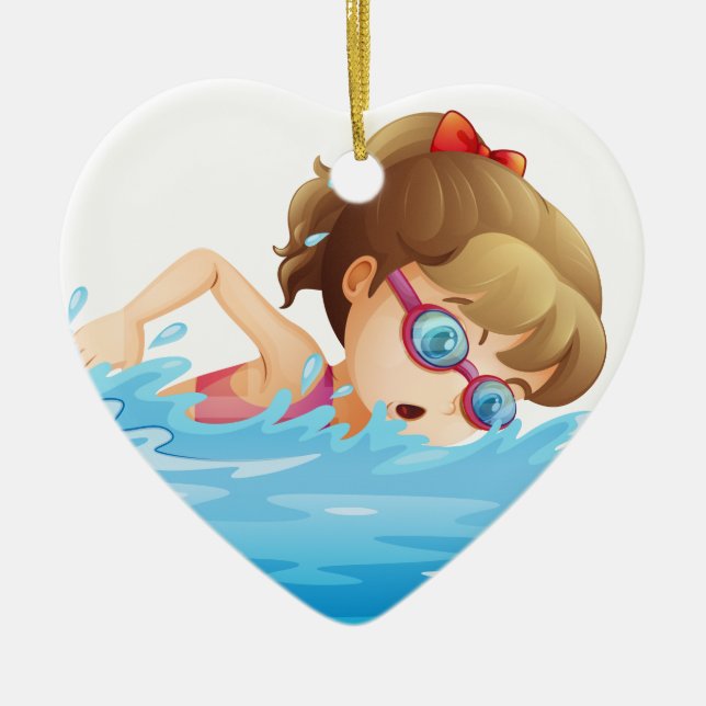 A girl wearing a pink swimwear swimming ceramic ornament (Front)