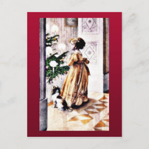 A girl with a dog praying infront of christmas tre holiday postcard