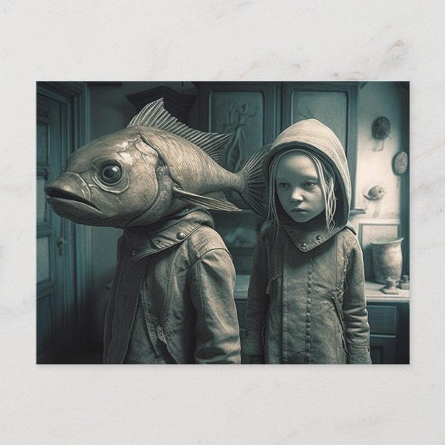 A Girl With a Fishhead and her Friend Postcard (Front)
