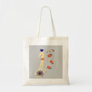 A girl with a flower tote bag