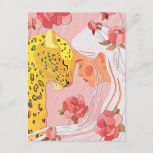 a girl with a leopard postcard