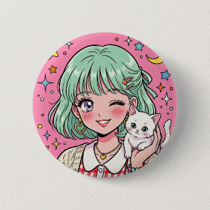 A girl with a lovely wink and a cute kitten 2 inch round button