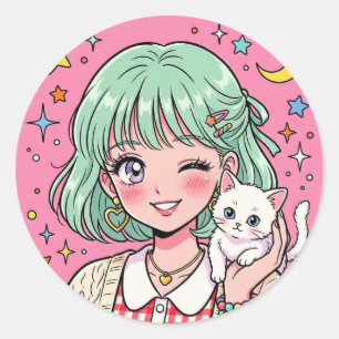 A girl with a lovely wink and a cute kitten classic round sticker