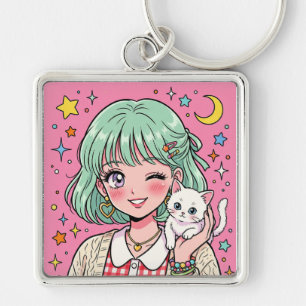 A girl with a lovely wink and a cute kitten keychain