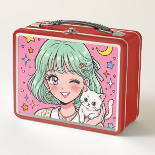 A girl with a lovely wink and a cute kitten metal lunch box