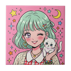 A girl with a lovely wink and a cute kitten tile