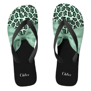 A girly moss green jaguar animal print poster with flip flops