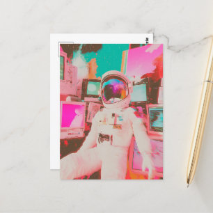 A glitch astronaut in mostly pinks and blues postcard