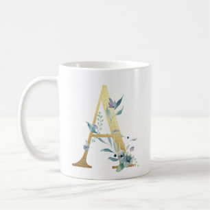 A, gold initial with blue floral foliage coffee mug