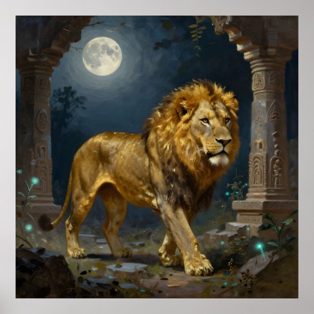 A Golden Lion Strolling under the Moonlight  Poster (Front)