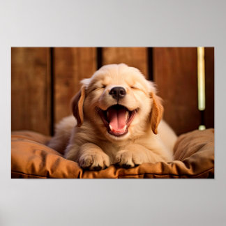 A Golden Retriever Puppy in Mid-Yawn AI Generated Poster