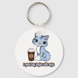 A Good Day Begins With Coffee   Cats And Coffee Keychain