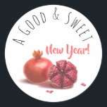 A Good & Sweet New Year! Holiday Pomegranates Classic Round Sticker<br><div class="desc">Happy Rosh Hashanah Jewish New Year Holiday Pomegranates Watercolor Illustration. Shana Tova! Hebrew Wishes text. "A Good & Sweet New Year!" Calligraphy Text, Pomegranates Watercolor Illustration - for Back Side design. Vintage, Autumn Holiday Festival, Birthday, Sukkot. Judaica. Hand Drawn Watercolor. Crafts & Party Supplies > Gift Wrapping Supplies > Stickers...</div>