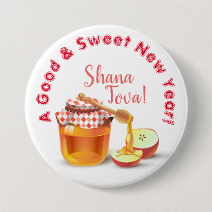 A Good & Sweet New Year! Honey & Apple Shana Tova 3 Inch Round Button