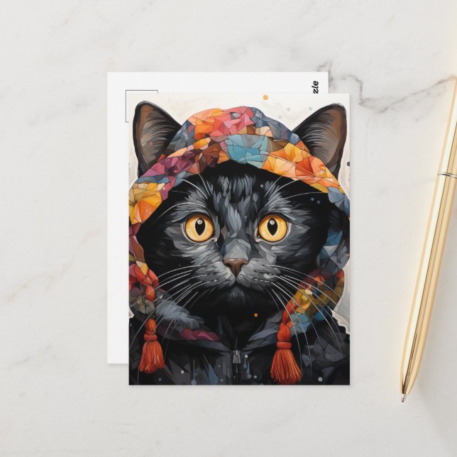 A Gorgeous Black Cat in a Colourful Jacket Postcard (Front/Back In Situ)