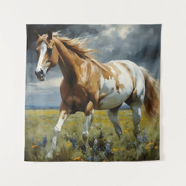 A Gorgeous Pinto Horse in the Meadow Tapestry (Front)