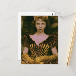 A gorgeous woman in a big cat print dress postcard