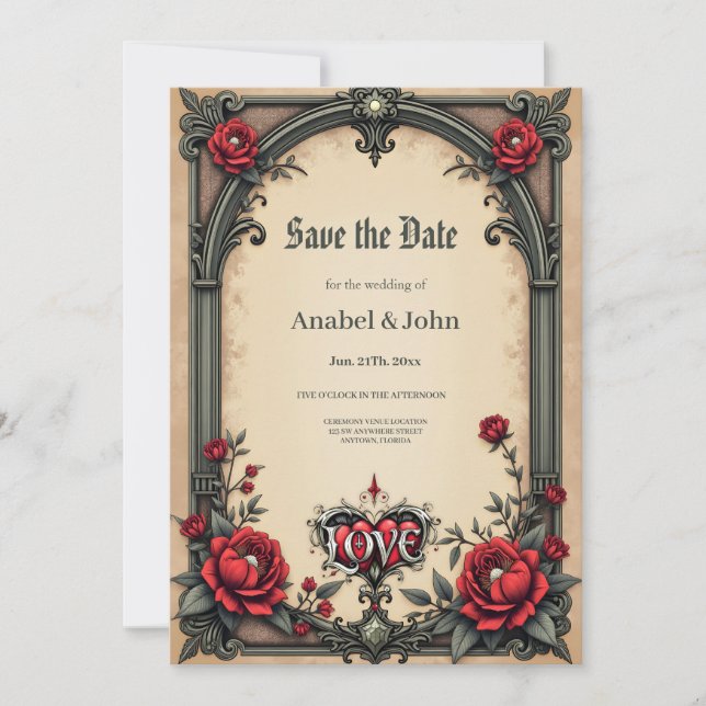 A gothic romance. An ornate, gothic-style Save The Date (Front)