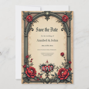 A gothic romance. An ornate, gothic-style Save The Date
