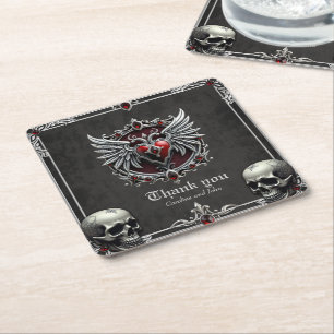 A Gothic symbiosis, elegant haert and skulls.  Square Paper Coaster