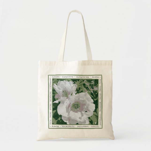 A grand white peony on canvas tote bag. (Front)
