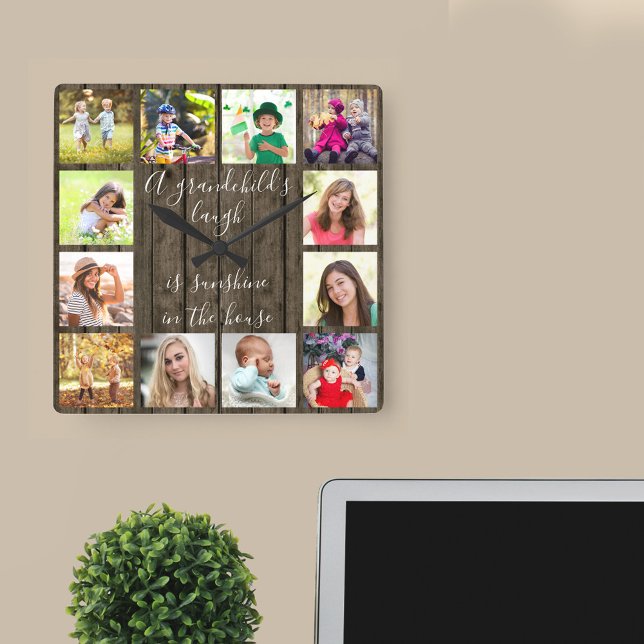 A Grandchild's Laugh Quote 12 Photo Wood Effect Square Wall Clock (Timeless photo gift for grandparents and grandchildren)