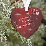 A Grandson is a Gift Ornament<br><div class="desc">Here is a beautiful Christmas ornament for a grandparent to give to a grandson. It features silver heart and star images against a deep burgundy red gradient background. In the centre is your customized text in white. Currently, the text says "A Grandson is a gift from God", but you may...</div>