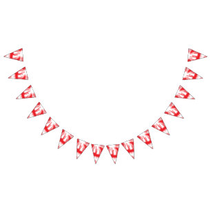 A graphic design featuring bold red and orange sha bunting flags