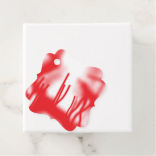 A graphic design featuring bold red and orange sha favour tags