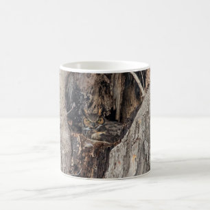 A Great Horned Owl blending in Coffee Mug