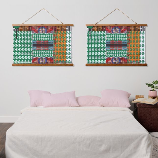 a green and black pattern with a tree in the middl hanging tapestry (Bedroom)